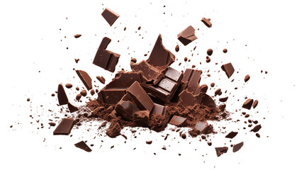 Chopped dark chocolate splash isolated on transparent white background, clipping path