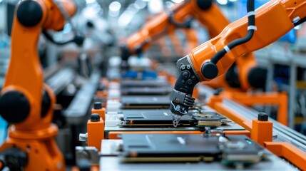 Robotic arms assembling electronic components on a production line in a modern factory, showcasing advanced automation technology.