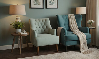 3D render of a tranquil reading nook, emphasizing comfort and serenity. Incorporate a cozy armchair or chaise lounge, a stylish side table, and a floor lamp providing soft, focused light. 
