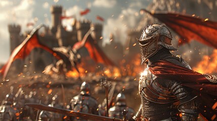 Battle scene of knights fighting dragons