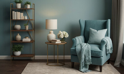 3D render of a tranquil reading nook, emphasizing comfort and serenity. Incorporate a cozy armchair or chaise lounge, a stylish side table, and a floor lamp providing soft, focused light. 