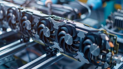 Close-up of powerful graphic processing units (GPUs) in modern computer assembly line, emphasizing cooling fans and intricate components.