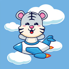 Cute white tiger mascot cartoon character ride on plane jet