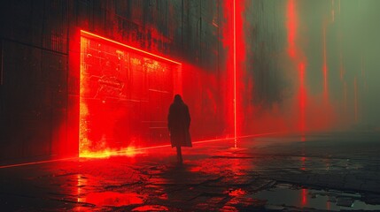 movie scene of a man walking into a red door.