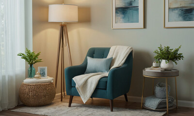 3D render of a tranquil reading nook, emphasizing comfort and serenity. Incorporate a cozy armchair or chaise lounge, a stylish side table, and a floor lamp providing soft, focused light. 