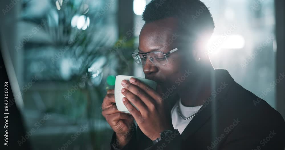 Aufkleber Black man, coffee and computer in office at night for work, overtime or project deadline with smell. Businessman, tech and latte in workplace as software engineer for programming or coding with aroma