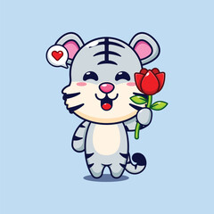 Cute white tiger holding rose flower cartoon vector illustration