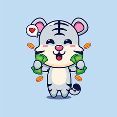 Cute white tiger holding money cartoon vector illustration