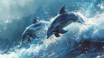 Fototapeta premium Dolphins dancing on the waves, depicted with cool tones and fluid lines, evoking a sense of peace
