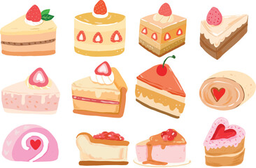 Set of isolated dessert sweet cakes white background