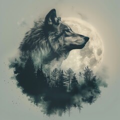 Feel the eerie beauty of a wolf's howl under a moonlit sky in a double exposure style.