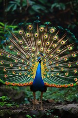 Obraz premium Majestic peacock displaying its colorful feathers in a lush, enchanted garden