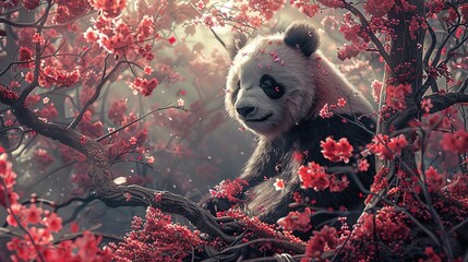 Playful panda amidst a forest of cherry blossoms, embodying peace and nature's beauty