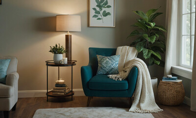 3D render of a tranquil reading nook, emphasizing comfort and serenity. Incorporate a cozy armchair or chaise lounge, a stylish side table, and a floor lamp providing soft, focused light. 