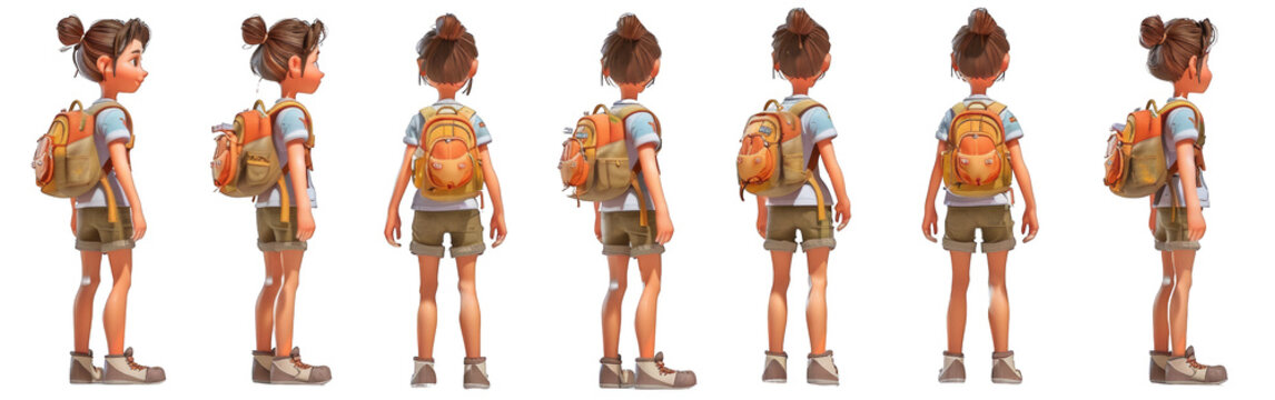 3D character sheet of an animated girl, wearing casual and backpacks, png.