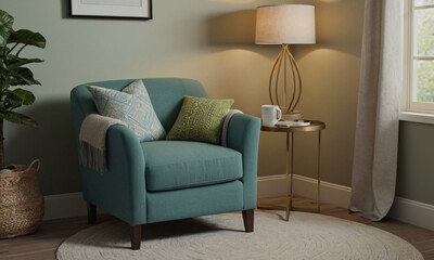 3D render of a tranquil reading nook, emphasizing comfort and serenity. Incorporate a cozy armchair or chaise lounge, a stylish side table, and a floor lamp providing soft, focused light. 
