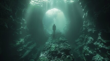 Underwater scene with a diver and underwater rocks
