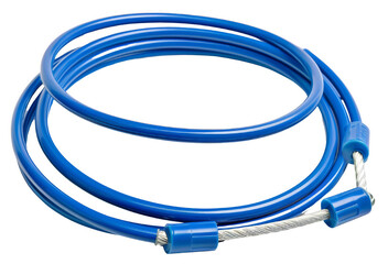 A coiled blue rope with white core and blue plastic ends, isolated white background, transparent background.