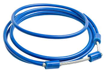 A coiled blue rope with white core and blue plastic ends, isolated white background, transparent background.