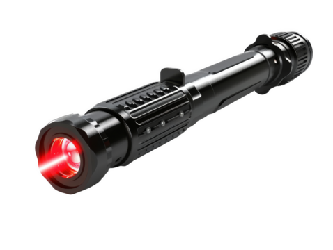 A close-up of a black, futuristic weapon with a red light at the end, isolated white background, transparent background.