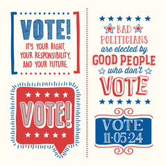 2024 United States Election motivational phrases to encourage voting in the November 2024 election. Saving Democracy, for web banners, cards, posters, stickers, social media