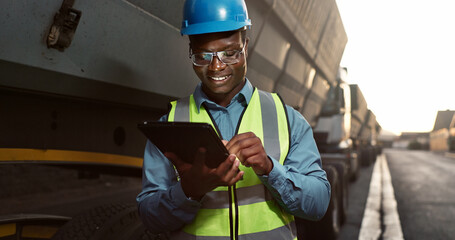 Construction worker, man and tablet by truck for logistics with vehicle inspection for shipping and...