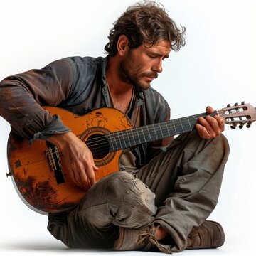man sitting on the ground playing a guitar