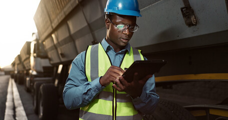 Construction worker, man and tablet by truck for transport with vehicle inspection for logistics...