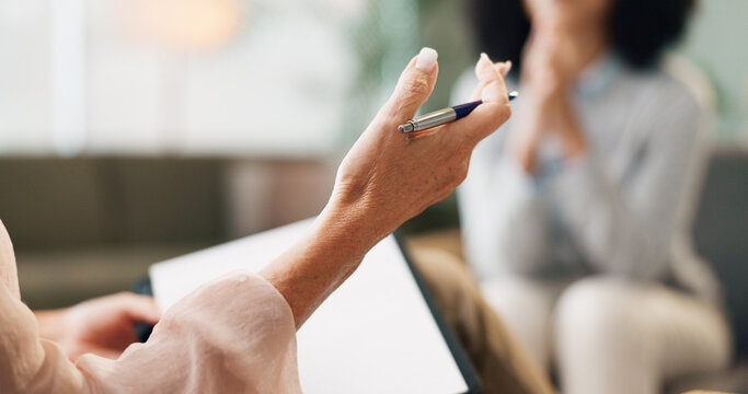Psychology, therapist and patient or counseling with hands in consultation for mental health support and therapy. Psychologist, discussion and expert advice with evaluation and depression assessment