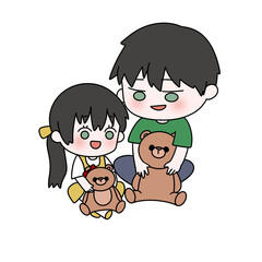 A boy and a girl are holding teddy bears