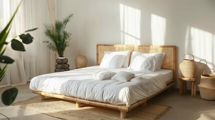 Wooden bed with healthy mattress, soft and comfortable, white color, environmentally friendly design, modern and stylish open bedroom, uninhabited, decorated with nature, bamboo furniture