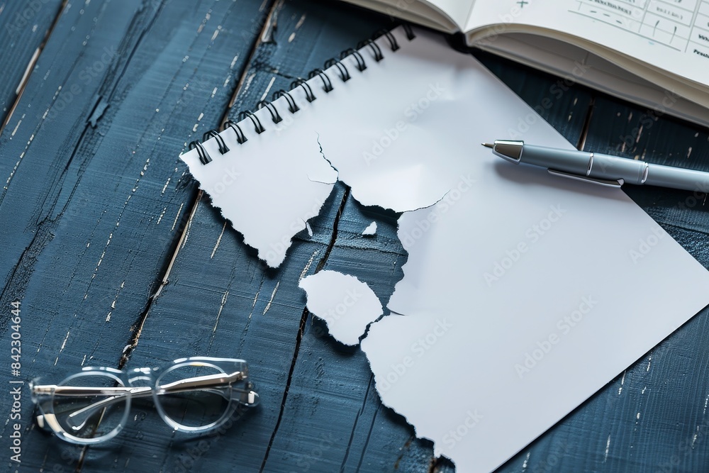 Poster notebook with a pen and a pair of glasses on top of it
