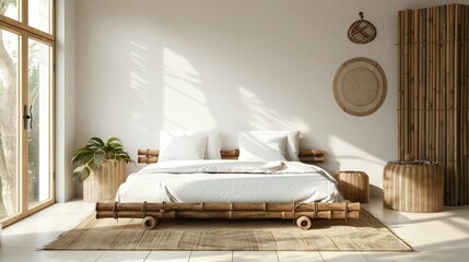 Wooden bed with healthy mattress, soft and comfortable, white color, environmentally friendly design, modern and stylish open bedroom, uninhabited, decorated with nature, bamboo furniture