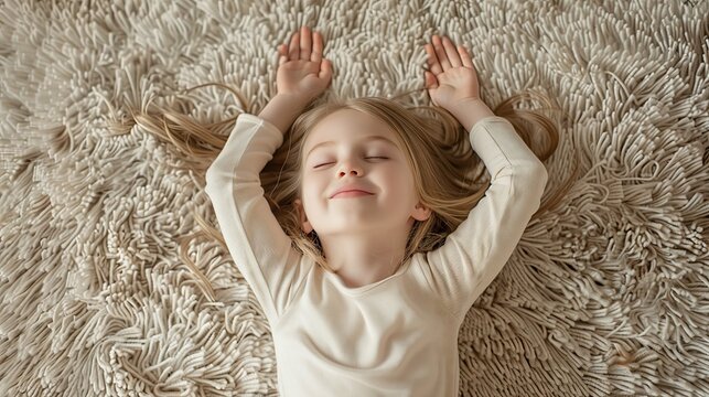 A cute little girl is relaxing at home, spreading her arms and legs on the warm floor, looking carefree and happy, spending her free time at home, enjoying her newly purchased carpet.