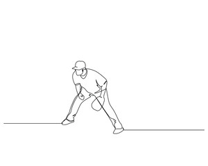 Continuous single line drawing of The fielder is focused on guarding the base. baseball tournament event . Design illustration