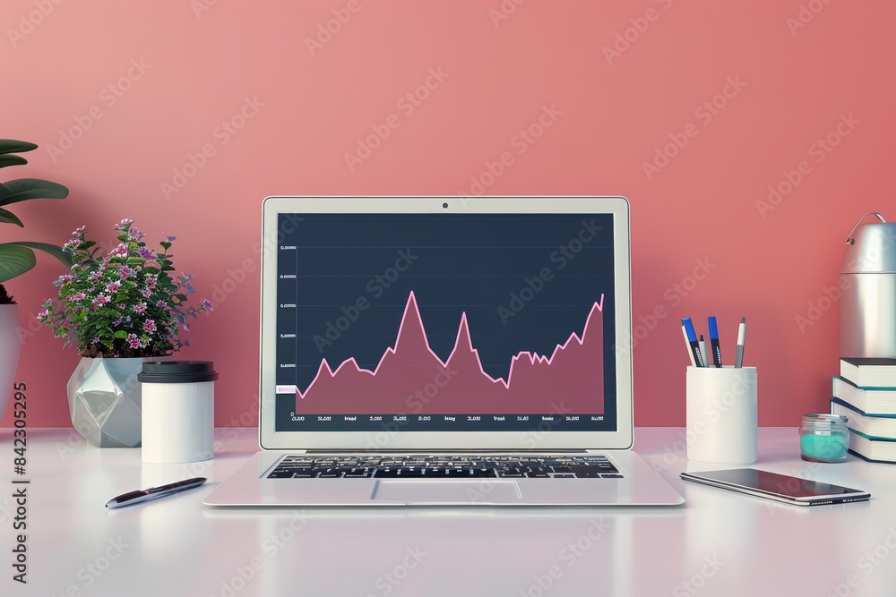 Poster a laptop is open on a desk with a background