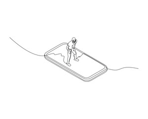 Fototapeta premium Continuous single line drawing of catcher who is standing on a smartphone. baseball tournament event . Design illustration