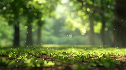 Fototapeta premium A blurred background of an enchanting forest, bathed in the soft glow of sunlight filtering through tall trees, creating a magical atmosphere.