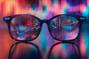 A pair of glasses with a reflection of a stock market graph on the lens