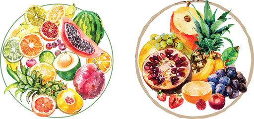 Assortment of Fresh Fruits, Berries, and Citruses: Vibrant Cartoon Vector Illustration Depicting Piles of Delicious Food