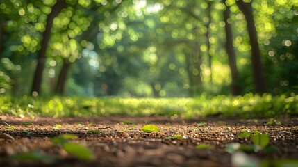 Naklejka premium A blurred background of an enchanting forest, bathed in the soft glow of sunlight filtering through tall trees, creating a magical atmosphere.