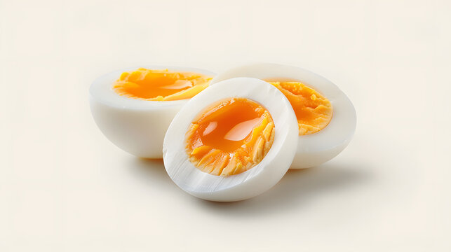Boiled egg isolated with clipping path, no shadow on cream background, chicken egg