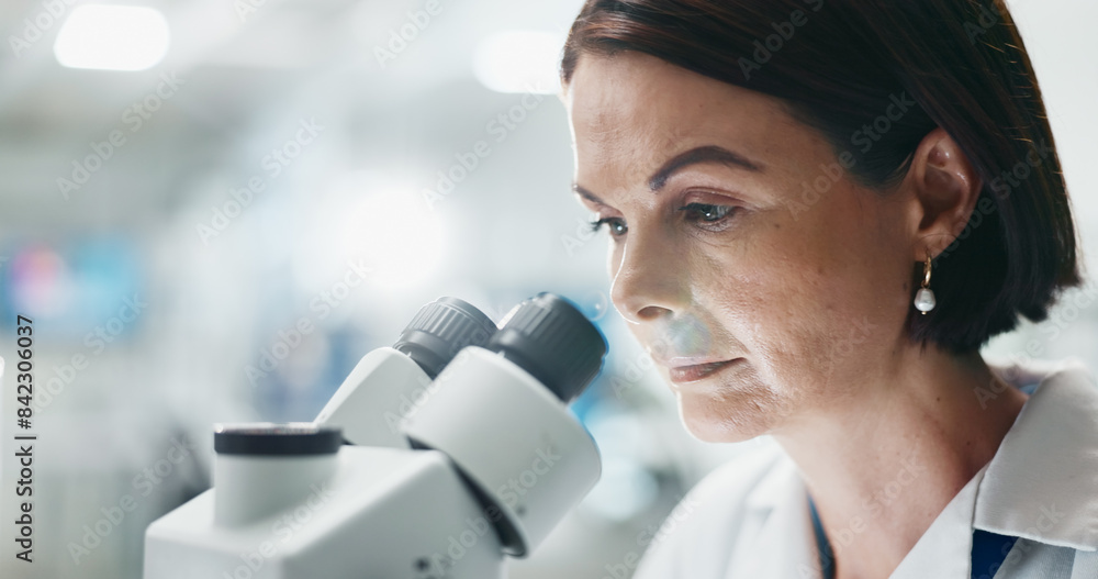 Poster woman, biologist and forensic with microscope for research, breakthrough or discovery at laboratory.