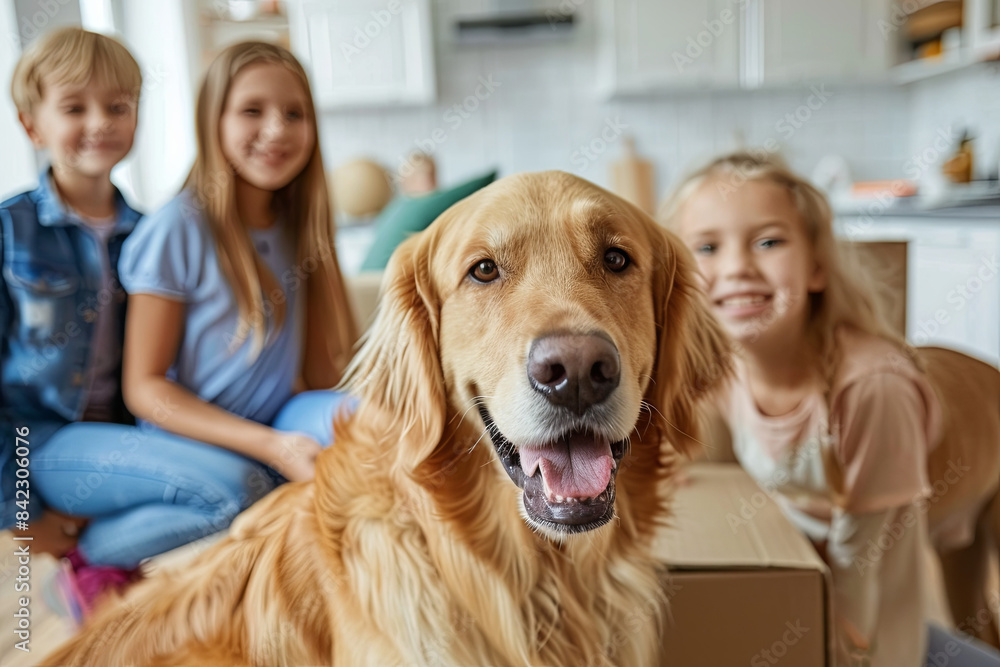 Wall mural Happy family with kids and dog moving into new apartment