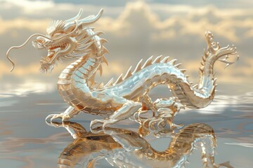 A gold dragon is laying on a surface with a reflection of itself in the water