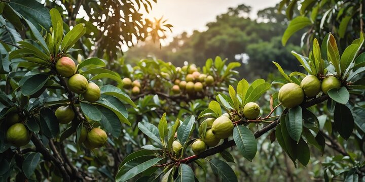 guava tree branch with fruits and leaves wide angle banner background agriculture and nature