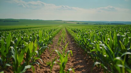 Naklejka premium A cinematic middle distance shot showing an endless field with rows upon rows of green corn plants growing in it.