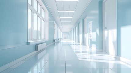 Fototapeta premium A clean white hospital corridor with light blue walls and large windows, creating an atmosphere of serenity and safety.