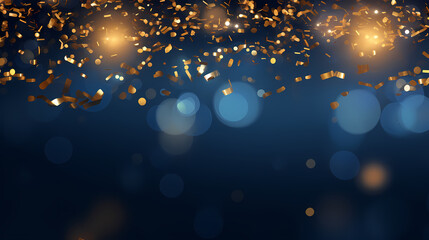 Abstract blue and gold glitter background with bokeh lights