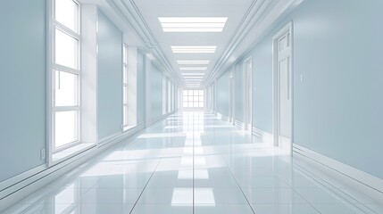 Fototapeta premium A clean white hospital corridor with light blue walls and large windows, creating an atmosphere of serenity and safety.